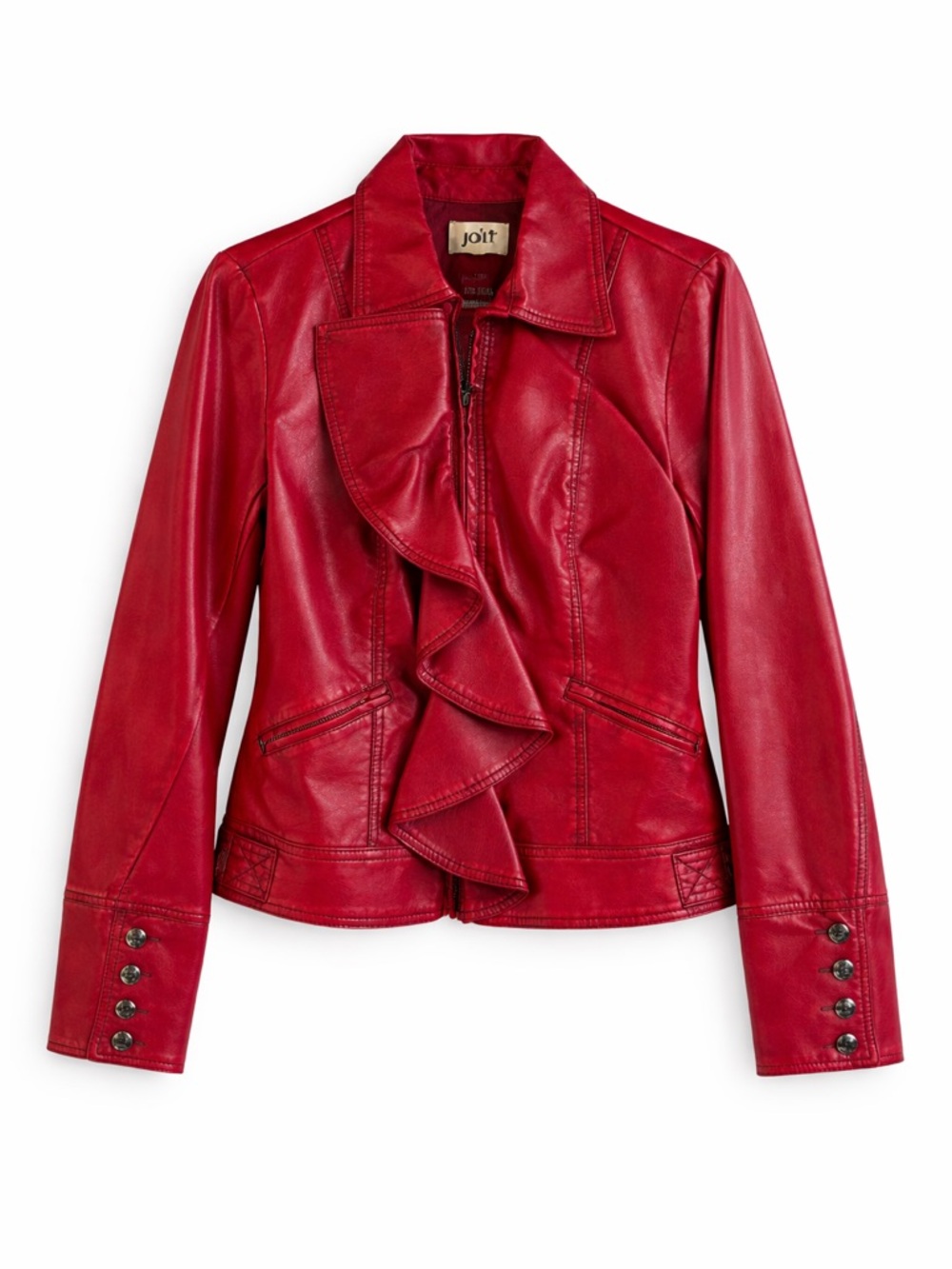 Jolt Red Faux Leather Ruffle Jacket Moto Style Statement Coat Women’s